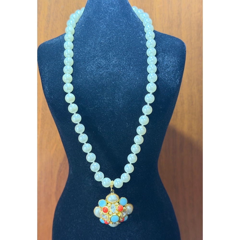 Vintage Graziano 1993 Faux Pearl Necklace Turquoise Coral Floral Pendant Gold